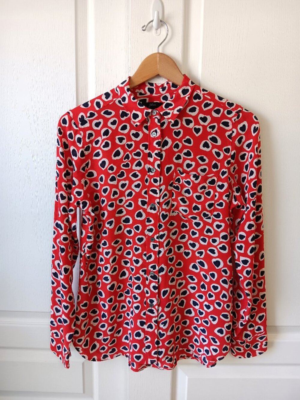 J. Crew Women's Red Silk Heart Print Classic-Fit Boy Shirt Size 4